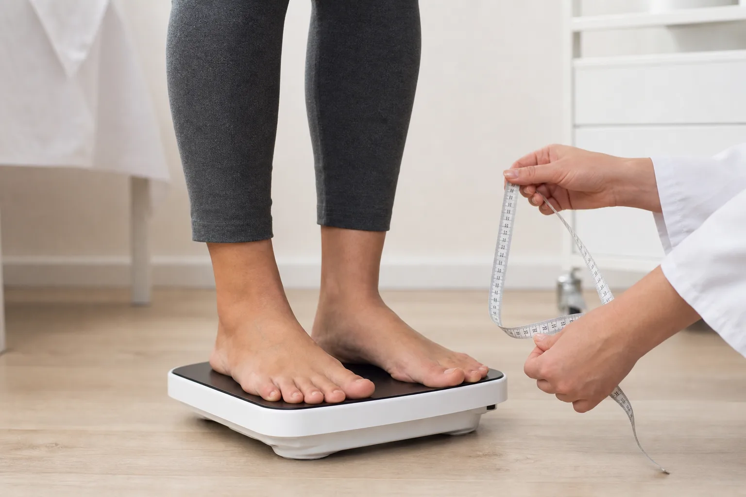 Adult being weighed as part of diabetes risk screening.