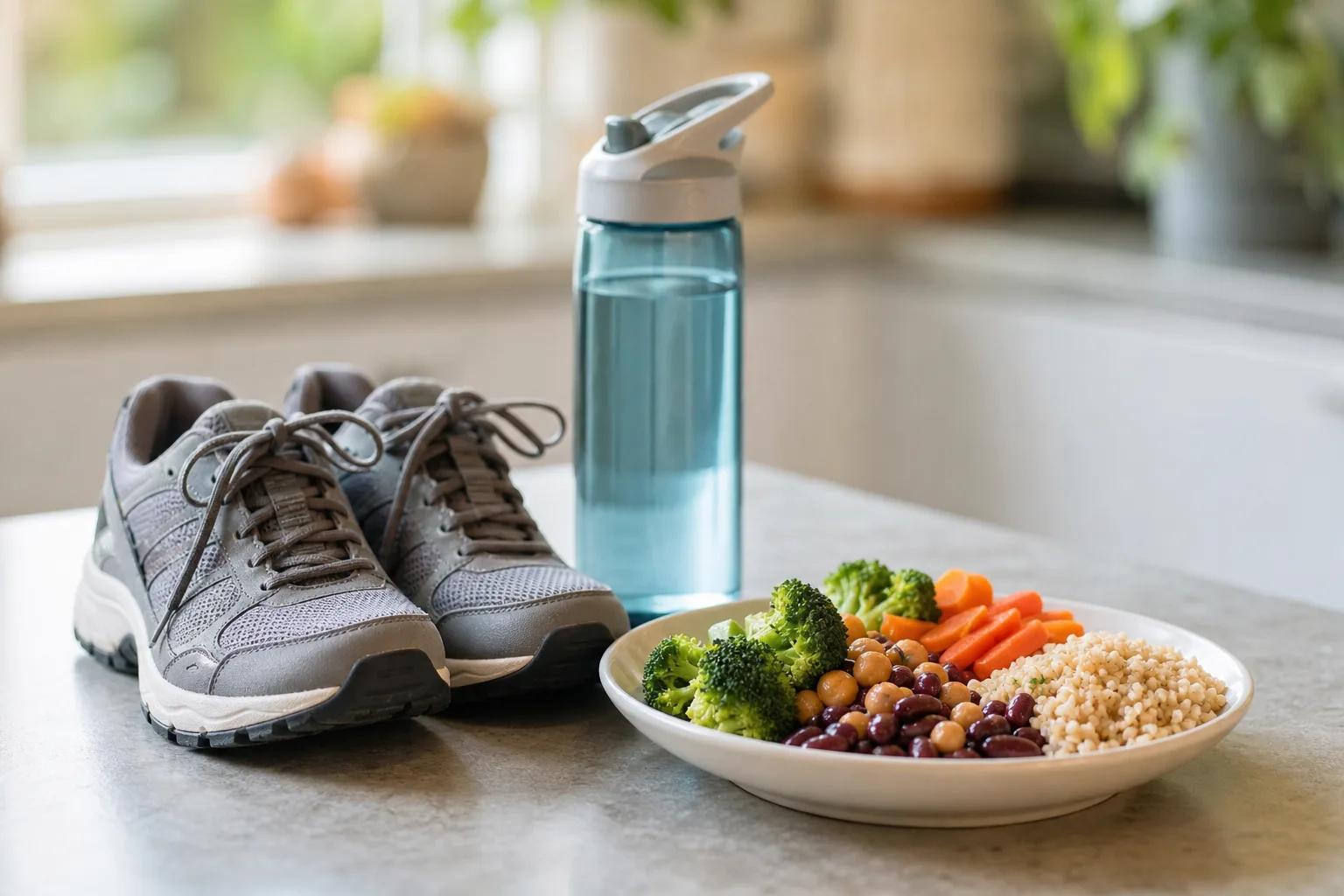 Walking shoes and a balanced meal illustrating lifestyle steps for prediabetes.