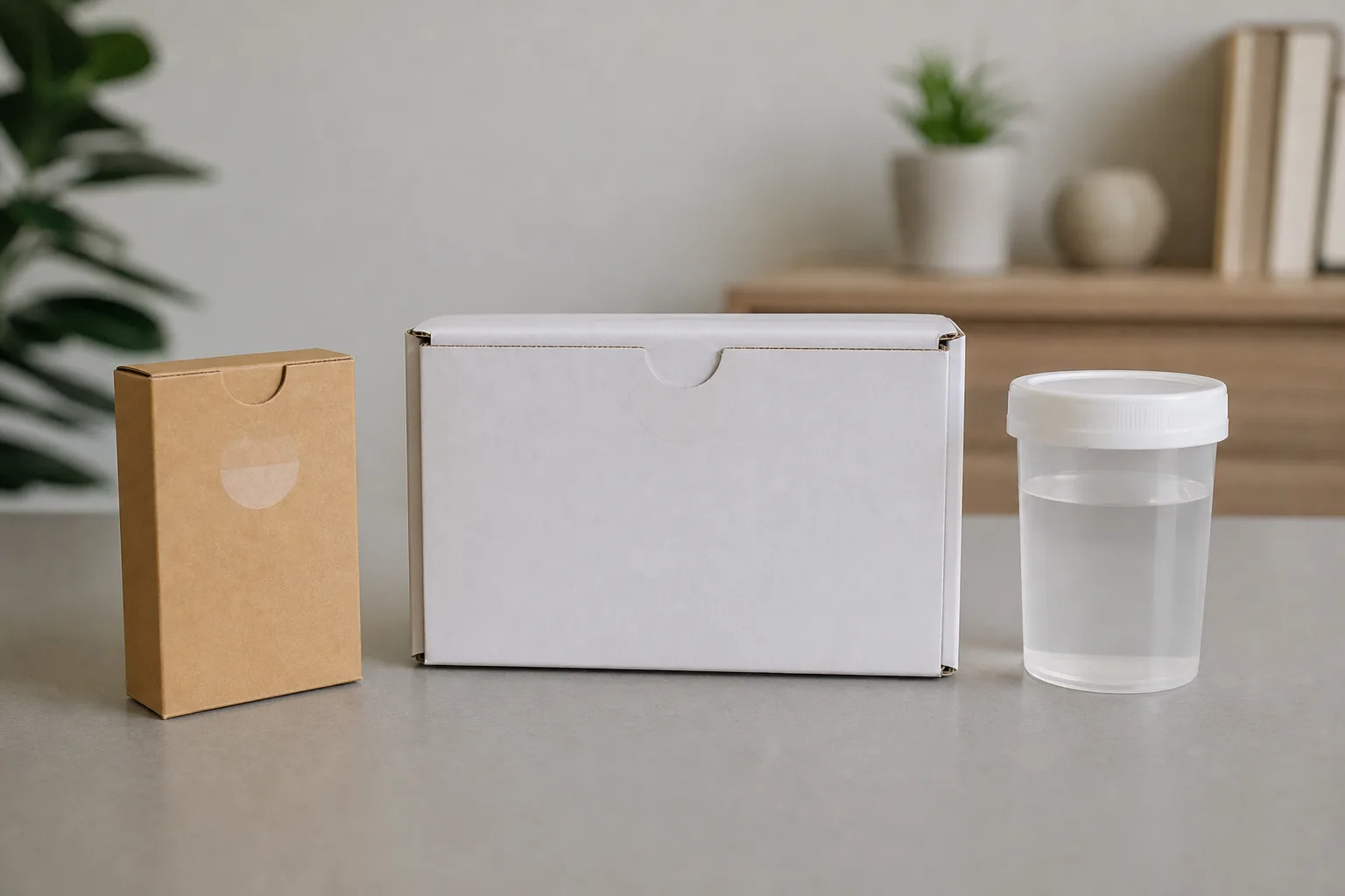 Different colon cancer screening options represented by stool test kits and a colonoscopy prep cup.