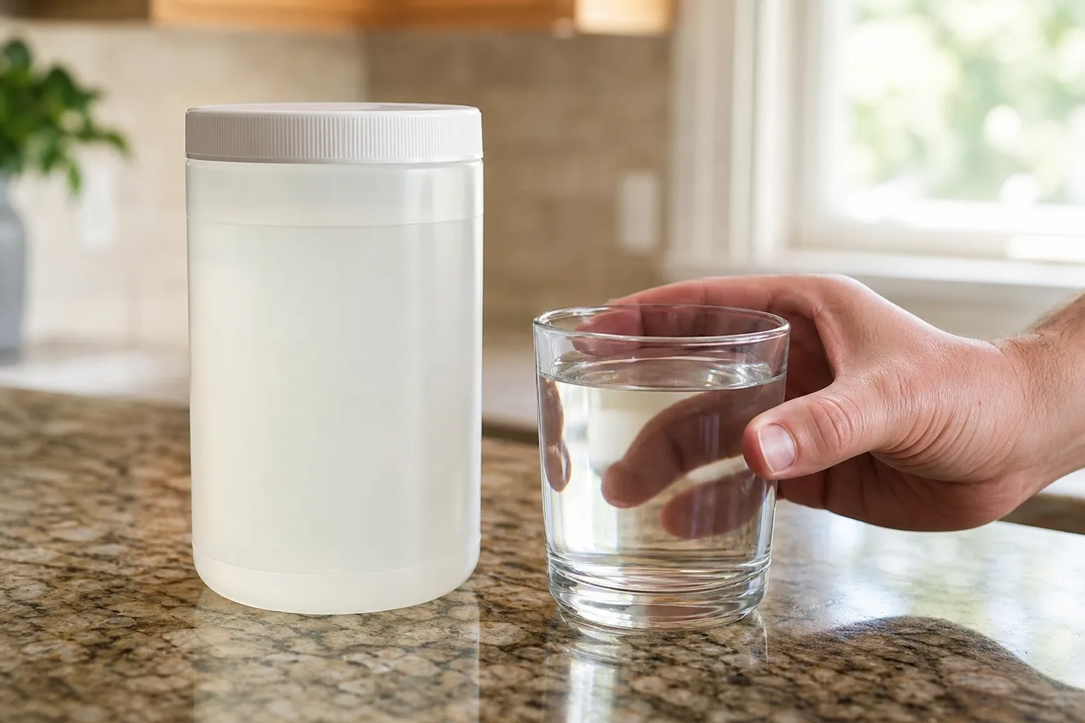 Clear liquid and colonoscopy preparation supplies on a kitchen counter.