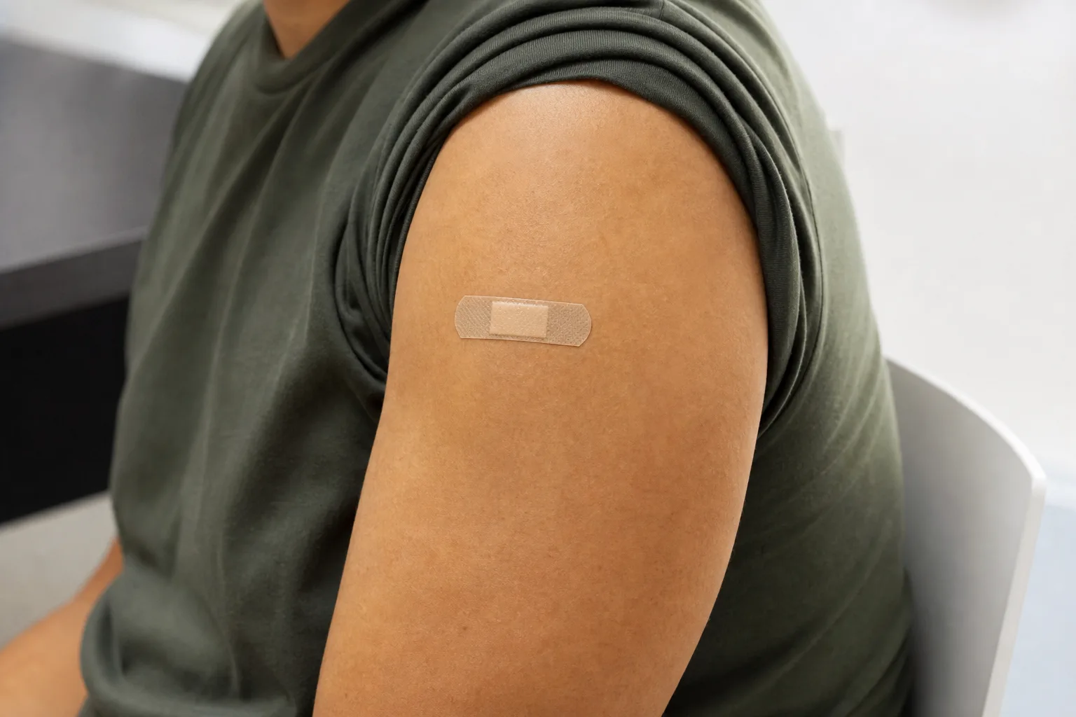 Adult upper arm with a small bandage after vaccination.