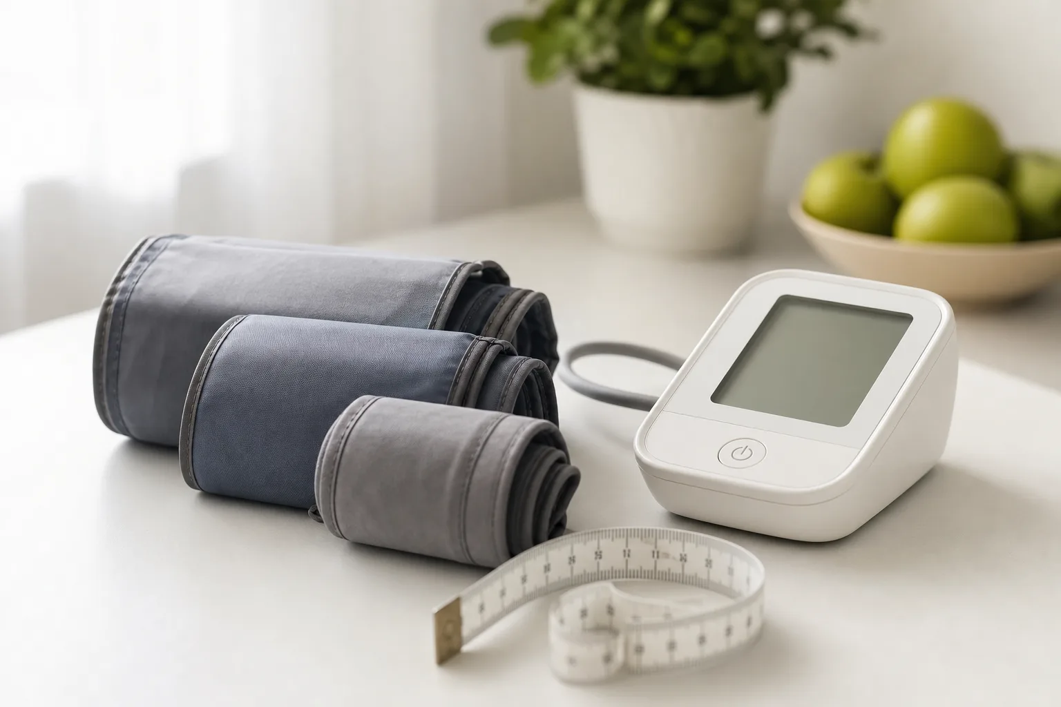 Upper-arm blood pressure monitor with cuff and measuring tape for choosing the right cuff size.