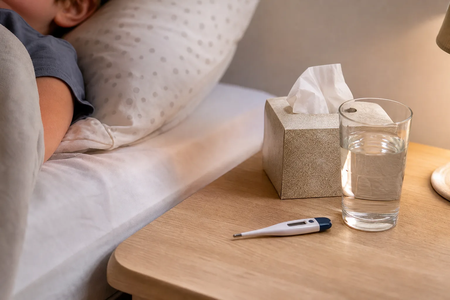Thermometer and tissues beside a resting child, representing early measles symptoms such as fever, cough, and runny nose.