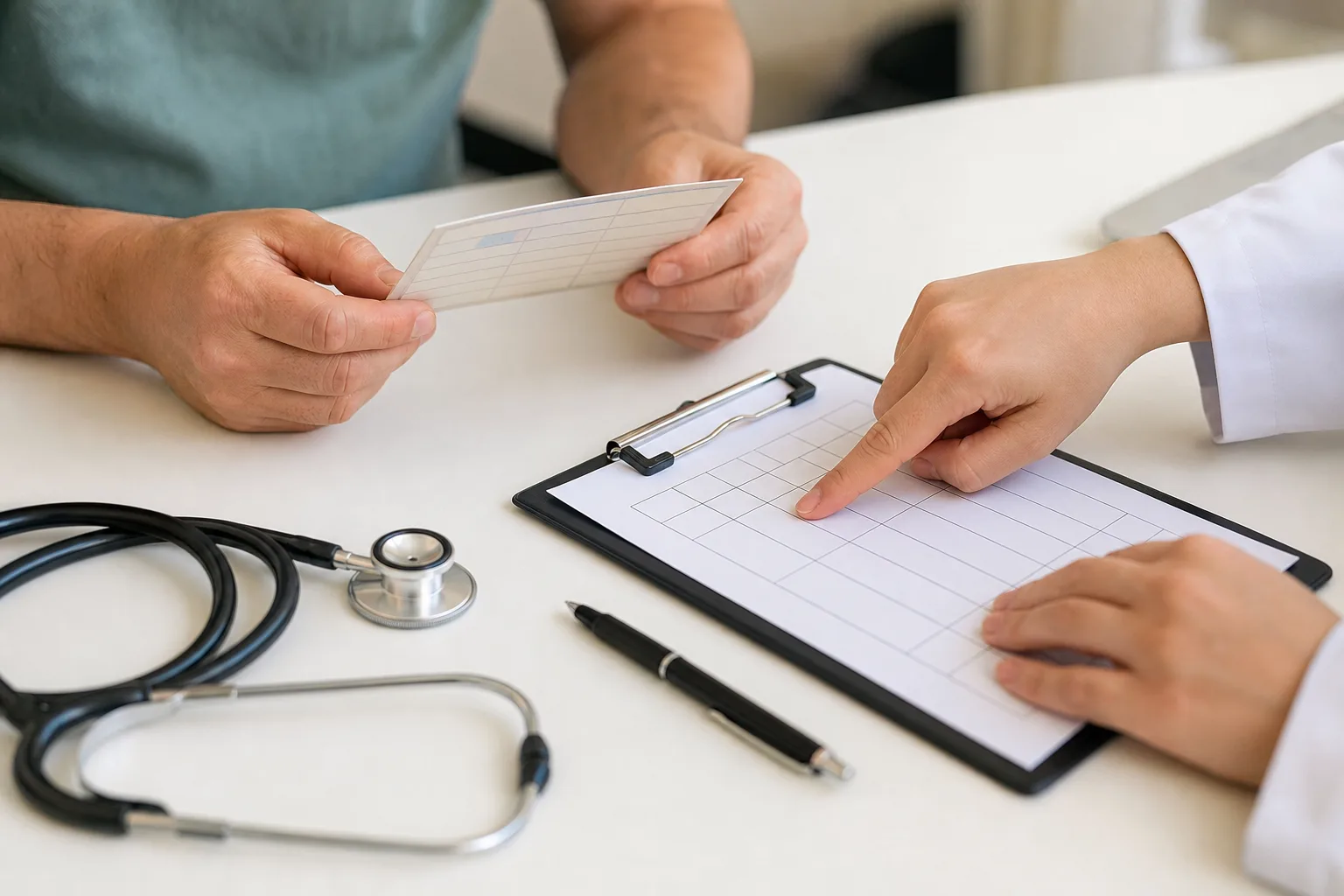 Adult reviewing vaccine history with a healthcare professional.