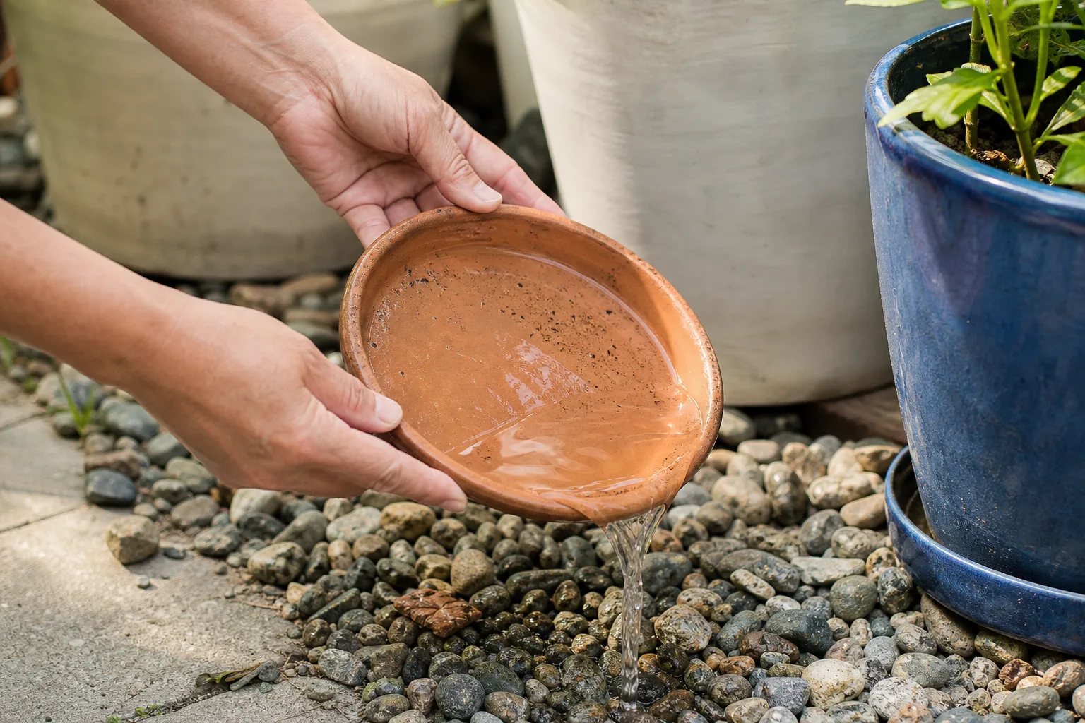An adult empties standing water from a flowerpot saucer to reduce mosquito breeding.