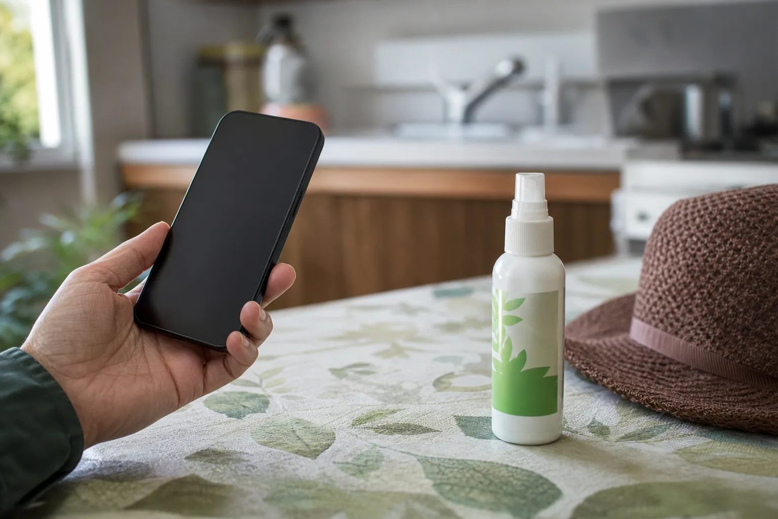 An adult prepares to call a doctor after mosquito exposure, with insect repellent on the table.