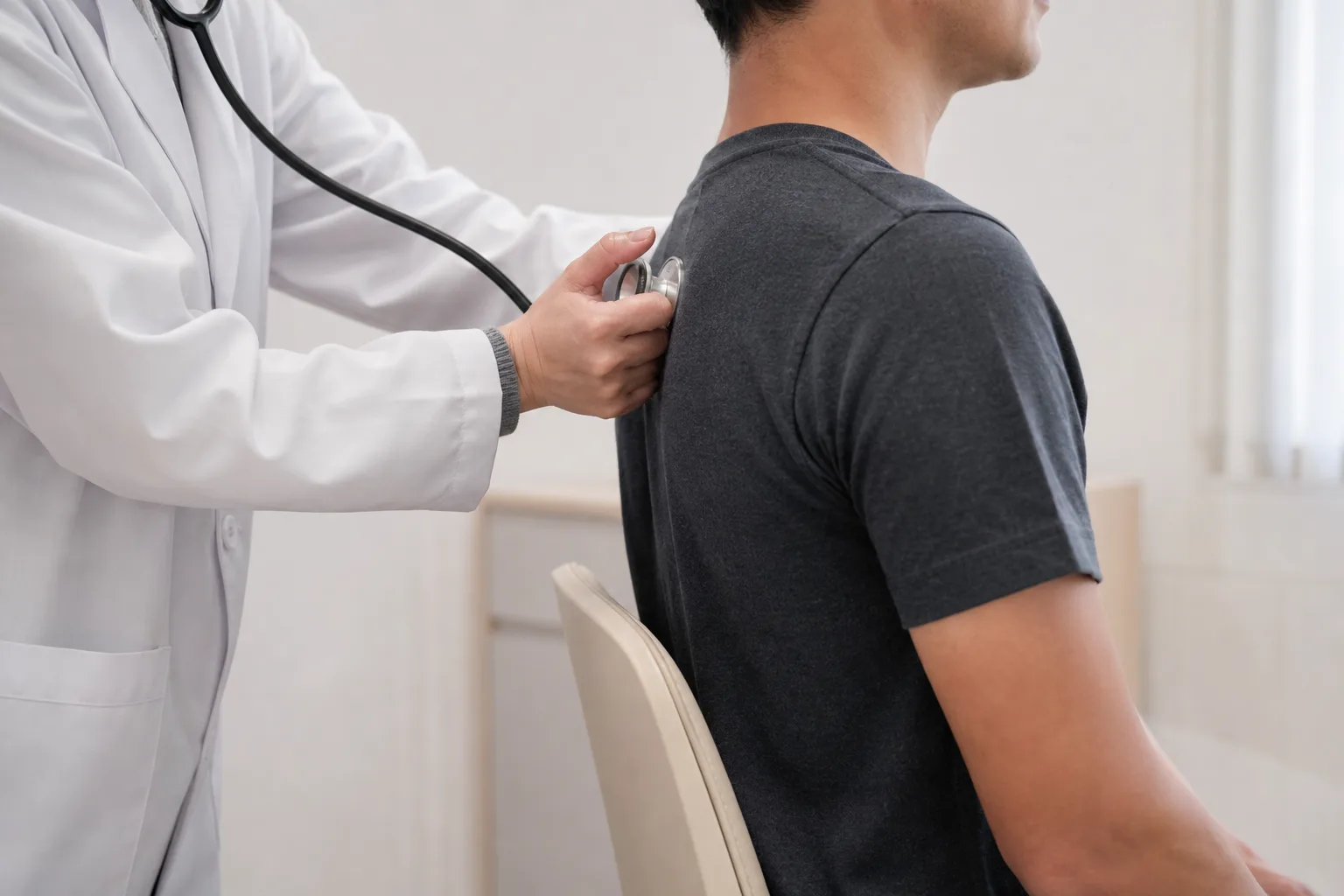 Clinician listening to an adult patient’s lungs during an evaluation for cough.