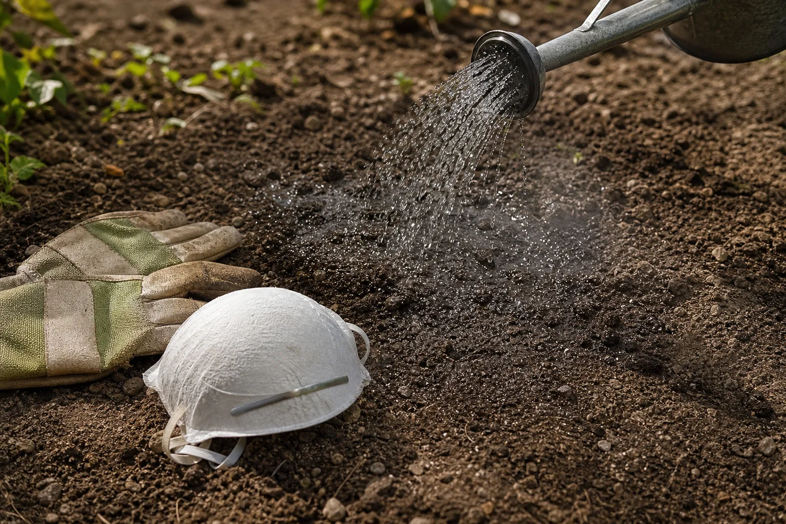 Gardening supplies with an N95 respirator and dampened soil to reduce dust exposure.